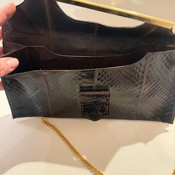 STUNNING VINTAGE GENUINE SNAKESKIN EXOTIC LEATHER CLUTCH / SHOULDER BAG BROWN - Picture 8 of 9